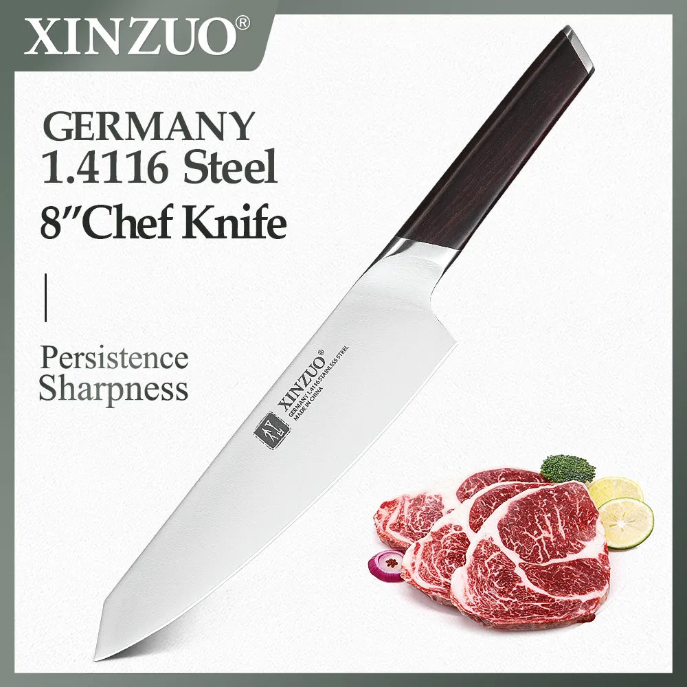 XINZUO 8" Chef Knife DIN 1.4116 Stainless Steel Germany Kitchen Knives Cutting Peeler Vegetable Knife  Ebony Handle Gift Case